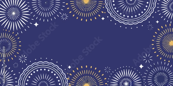 Fototapeta Festive fireworks and starbursts frame a deep blue background for celebrations