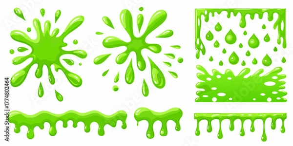 Obraz Collection of vibrant green slime splashes drips and blobs isolated on white background