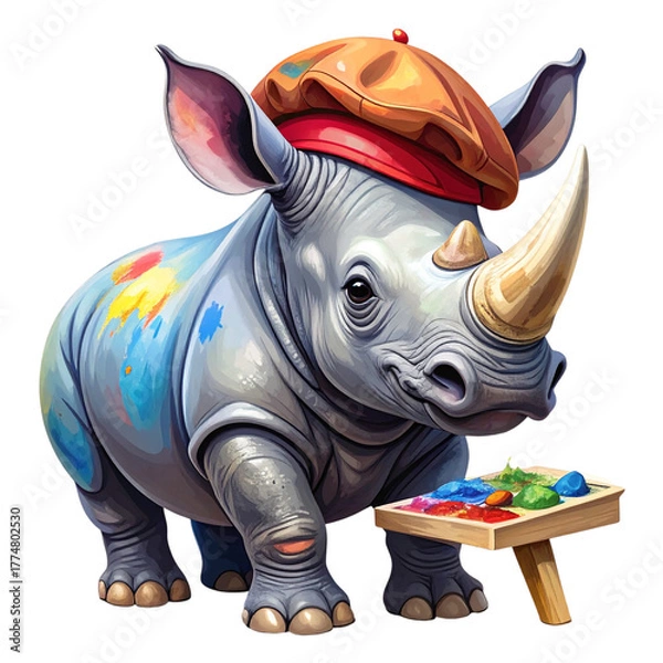 Fototapeta PNG vector of an artistic rhino painting on canvas wearing a beret. Creative and colorful fantasy style showing whimsical and imaginative wildlife art perfect for design and branding