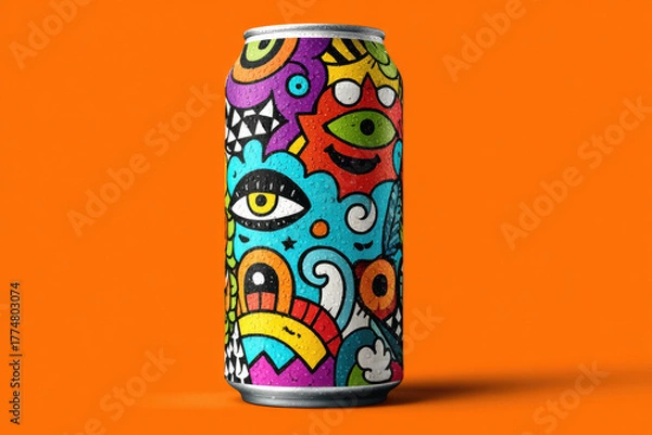 Fototapeta Pop art doodle craft can, vibrant street style illustration with eyes, cartoon geometric abstract label, creative summer beverage packaging, trendy bold branding, unique urban design