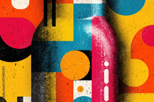 Fototapeta Grunge geometric pop art texture, abstract bright colorful beer bottle label, urban summer beverage background, modern street style packaging, creative comic composition, trendy graffiti branding, ene