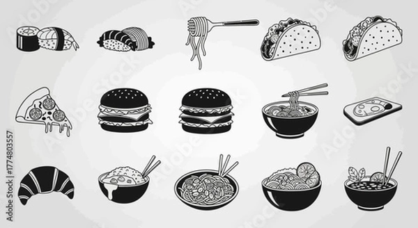 Obraz Collection of various food icons including sushi, tacos, pizza, burgers, noodles, and more in black and white vector style.
