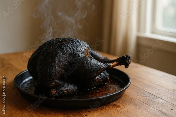 Fototapeta A burnt out turkey with Crispy Skin, resting on a Round Baking Tray in a Natural Light Setting