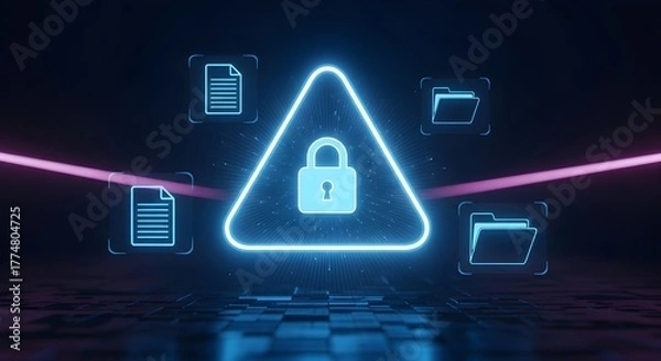 Fototapeta A glowing neon padlock inside a triangle with files and folders around it, representing data security and protection