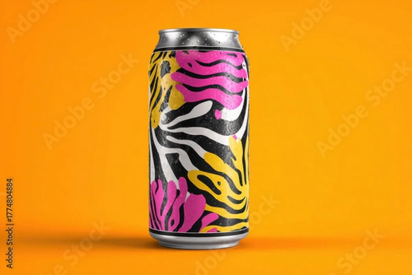 Fototapeta Pop art doodle craft can, vibrant street style illustration with eyes, cartoon geometric abstract label, creative summer beverage packaging, trendy bold branding, unique urban design