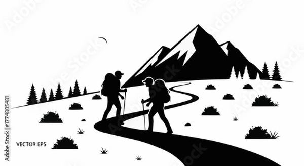 Fototapeta Two hikers with backpacks and trekking poles on a winding mountain trail.