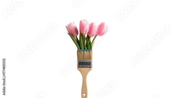 Obraz A paint brush with pink tulips growing from it against a stark black background
