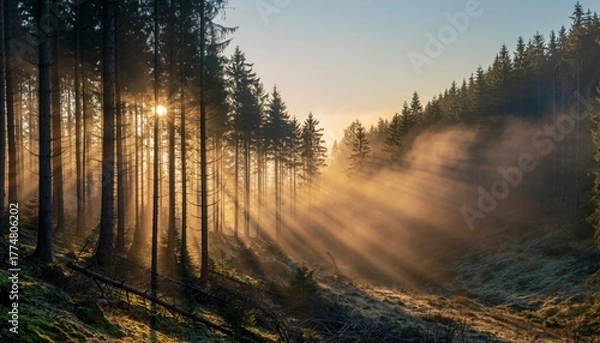 Fototapeta Morning sunlight shining through trees in misty forest