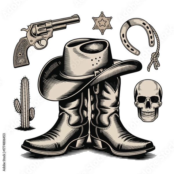 Obraz Vintage western cowboy outfit and accessories collection illustration