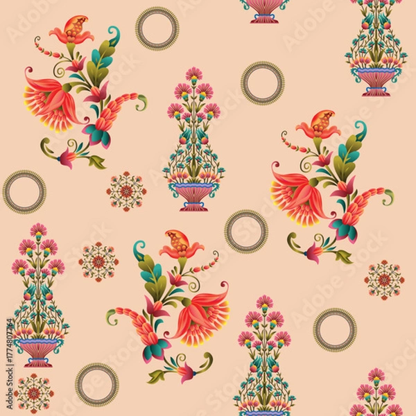 Fototapeta Abstract seamless color full paisley flower leaf bunch pattern