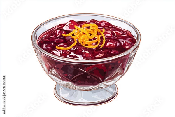 Fototapeta Vector cranberry sauce in a glass bowl with orange zest curls, cute shine, bold outline, white background, no text, no logos