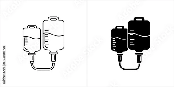 Obraz Two medical iv bags, one outlined and one solid black, connected by tubing