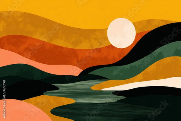 Fototapeta Minimal sunset landscape with river, abstract geometric pattern, warm yellow orange green hills, modern nature background, creative artistic composition, stylish tranquil scene, boho wall art i