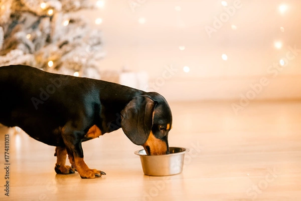 Fototapeta One beautiful black dachshund dog is standing on the floor near an iron bowl. New Year's hundred