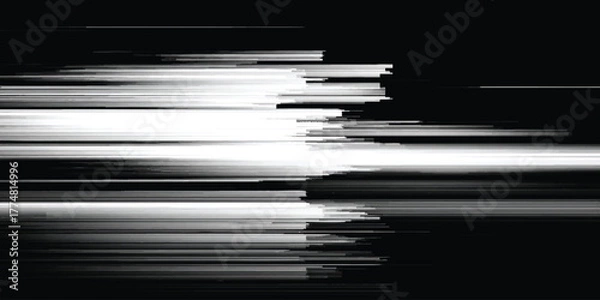 Fototapeta abstract digital light glitch background with horizontal lines and motion blur effect in black and white tones.