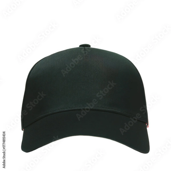 Fototapeta A Front View of a Minimalistic Black Cap Set Against a Dark Background, Showcasing Its Seamless Design and Texture isolated on transparent background