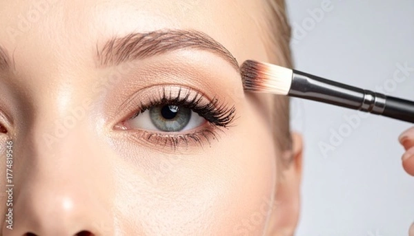 Fototapeta Close-up of a professional makeup artist applying neutral eyeshadow to a woman's eyelid with a soft brush for a natural look