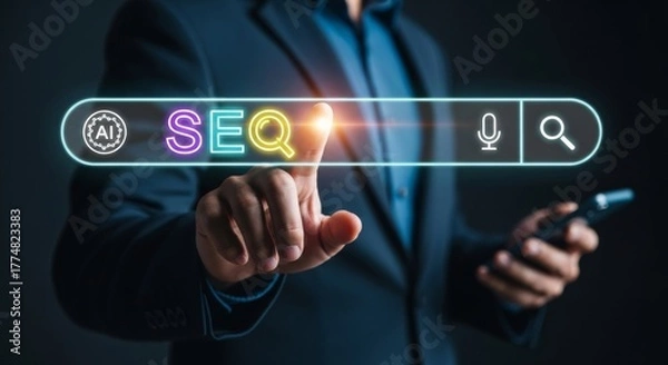 Fototapeta SEO and Digital Technology: A person's hand reaches out to touch a vibrant digital search bar highlighting the power of SEO. The glowing letters spell SEO.