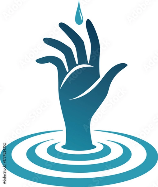 Obraz A blue hand with a water drop falling into a pool of water, symbolizing purity, conservation, and the importance of water resources