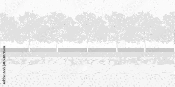 Fototapeta Stylized graphic illustration of a row of trees with a textured background and stone wall detail