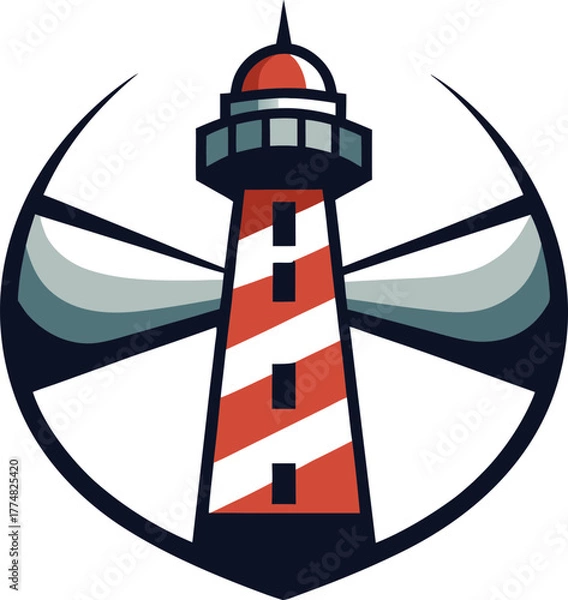 Obraz This captivating logo features a striking lighthouse with red and white stripes, emitting beams of light, symbolizing guidance, safety, and hope