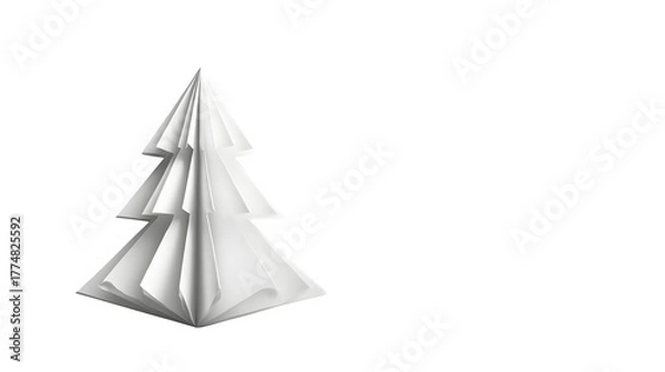 Fototapeta Minimalist folded paper Christmas tree in origami style, crisp white with single red dot, isolated on white background