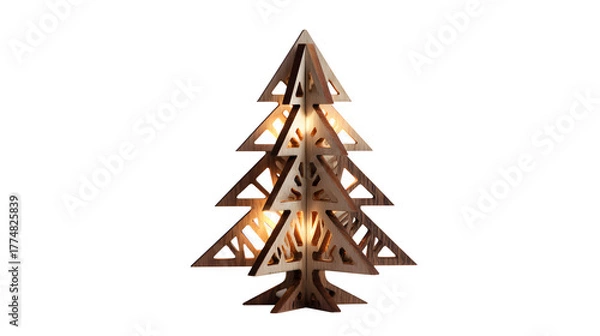 Fototapeta Minimalist laser-cut wooden Christmas tree with interlocking pieces and warm backlighting, Scandinavian craft, isolated on white background