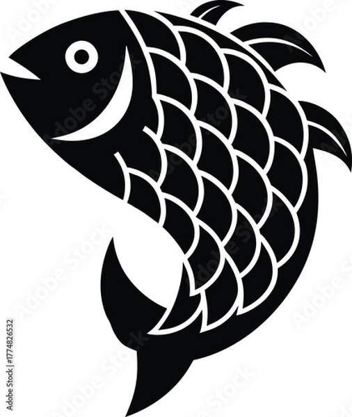 Obraz A black and white illustration of a fish with scales, swimming upwards with a happy expression
