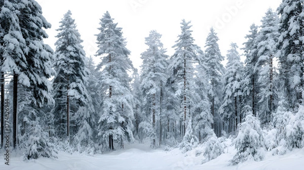 Fototapeta Pine forest after fresh snowfall, branches heavy and bent, soft ambient light and hushed stillness, isolated on white background