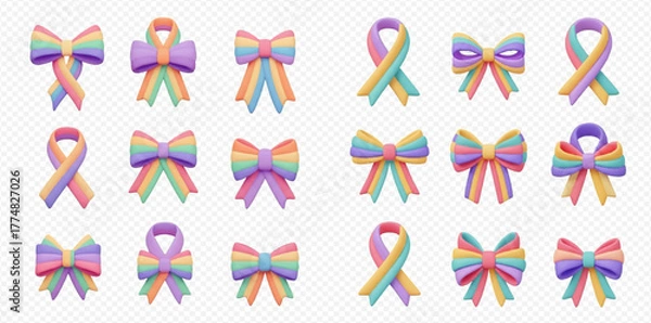 Obraz A collection of 3D pastel rainbow colored bows and ribbons in various styles, including tied bows and awareness ribbon shapes, set against a transparent background.
