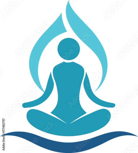 Obraz Meditative figure in blue with water and flame elements, symbolizing inner peace and spiritual growth