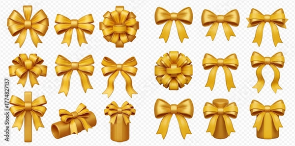Obraz A collection of various golden bows and decorative ribbons in different styles, perfect for gift wrapping and festive occasions.