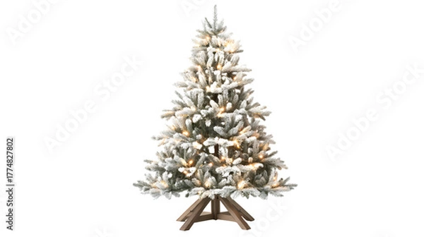 Fototapeta Realistic flocked Christmas tree with white-tipped branches, warm white fairy lights, and rustic wooden stand, isolated on white background