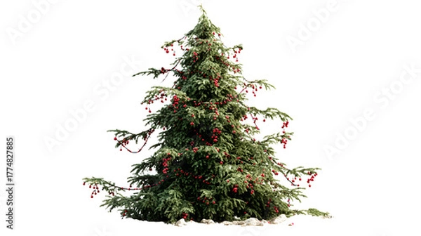 Fototapeta Realistic live Christmas tree with uneven silhouette, real pine scent implied, decorated with popcorn strings and cranberries, rustic charm, isolated on white background