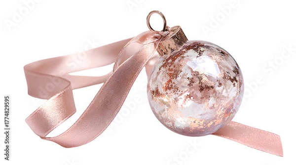 Fototapeta Rose gold glass ornament with rose quartz-like texture and subtle iridescence, hanging from a blush satin ribbon, soft luxury, isolated on white background