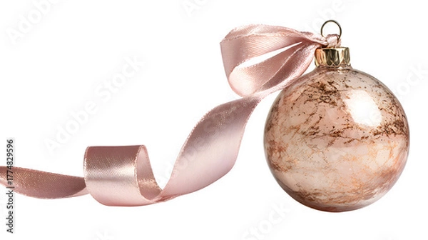 Fototapeta Rose gold glass ornament with rose quartz-like texture and subtle iridescence, hanging from a blush satin ribbon, soft luxury, isolated on white background