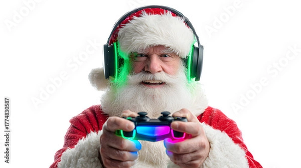 Fototapeta Santa as a gamer, wearing a headset, holding a controller with elf avatars on screen, RGB lights glowing, isolated on white background