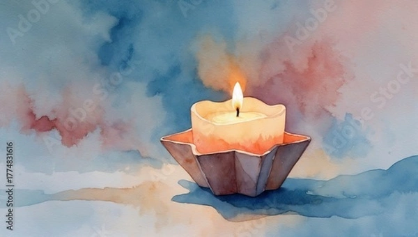 Obraz Star-shaped candle burning softly in watercolor background for Epiphany