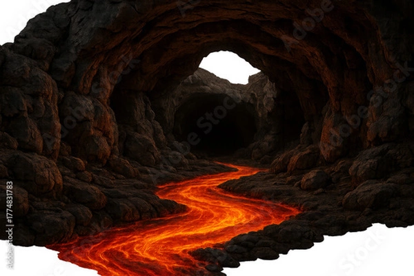 Obraz Underground cave with flowing lava river and transparent background