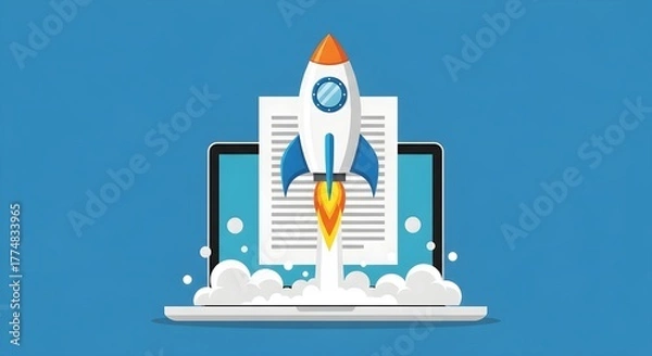 Fototapeta A rocket launches from a laptop screen, symbolizing a successful startup and the beginning of a new project