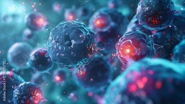 Obraz Microscopic view of cancer cells tumor growth and infection spreading in blue and red color scheme