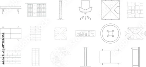 Fototapeta Assortment of architectural sketches and technical drawings