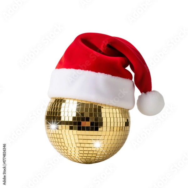 Fototapeta Disco Ball with Santa Hat – Festive, Glittering Fusion of Holiday Cheer and Party Glamour

