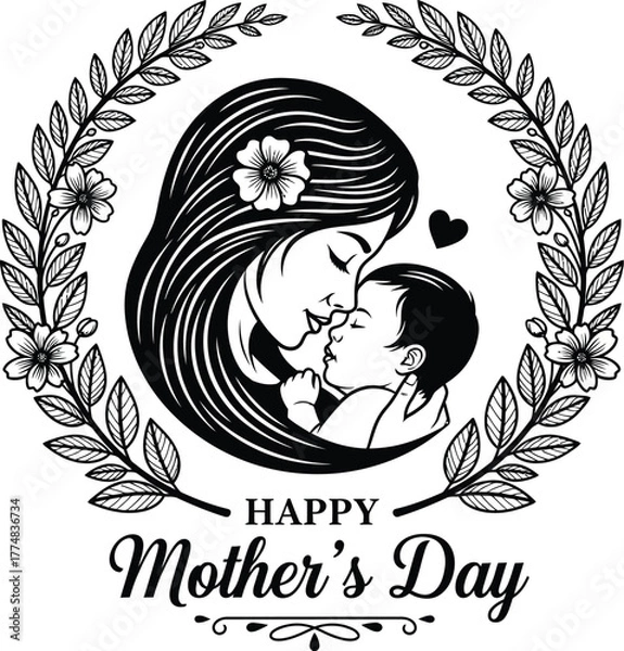 Obraz Happy mothers day black and white illustration of a mother holding her baby