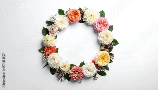 Obraz Elegant floral wreath with pastel roses and green leaves on white background.