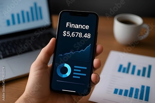 Fototapeta Modern Digital Finance App Concept – Smartphone with Investment Graphs, Business Workspace, Financial Technology