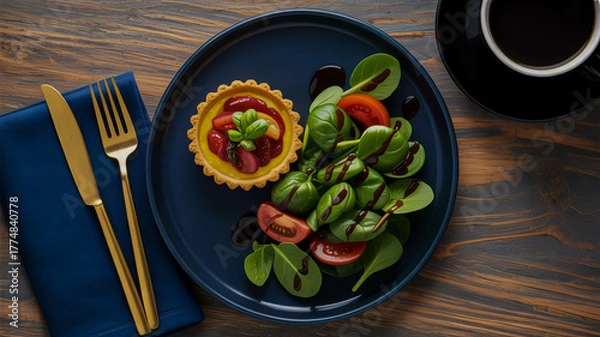 Fototapeta Savory Tartlet with Spinach Salad and Coffee on a Wooden Table pastry filling