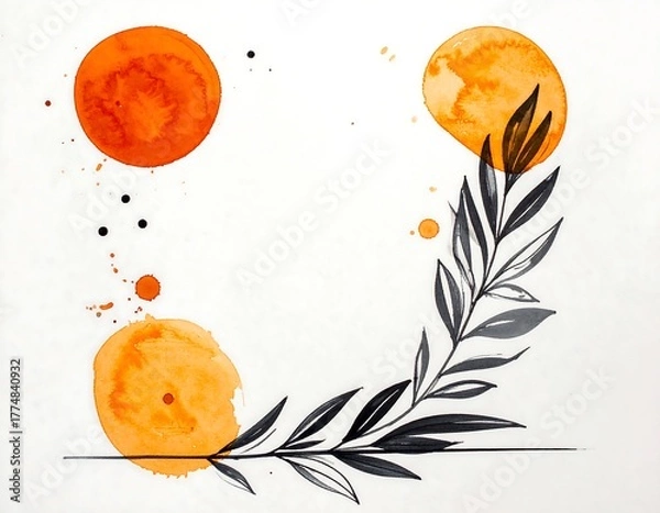 Obraz Watercolor illustration of abstract botanical composition with orange circles and leaves.