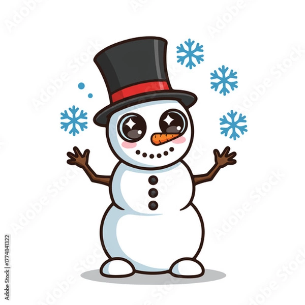 Obraz Cheerful snowman in a top hat with snowflakes on a white background.