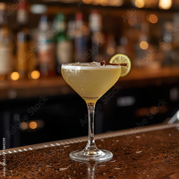 Fototapeta Elegant coupe glass filled with a citrus-infused alcoholic beverage, garnished with a vibrant lime wheel and a warm cinnamon stick, perfect for a chic bar setting
